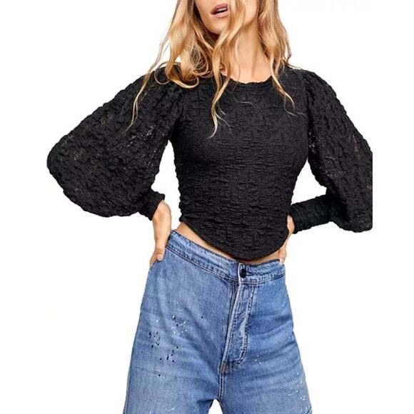 Free People Tops - GUC Free People Black Textured Puff-Sleeve Blouse